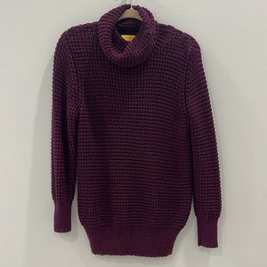 St. John: Wine Burgundy Metallic Open Knit Turtleneck Sweater Size S